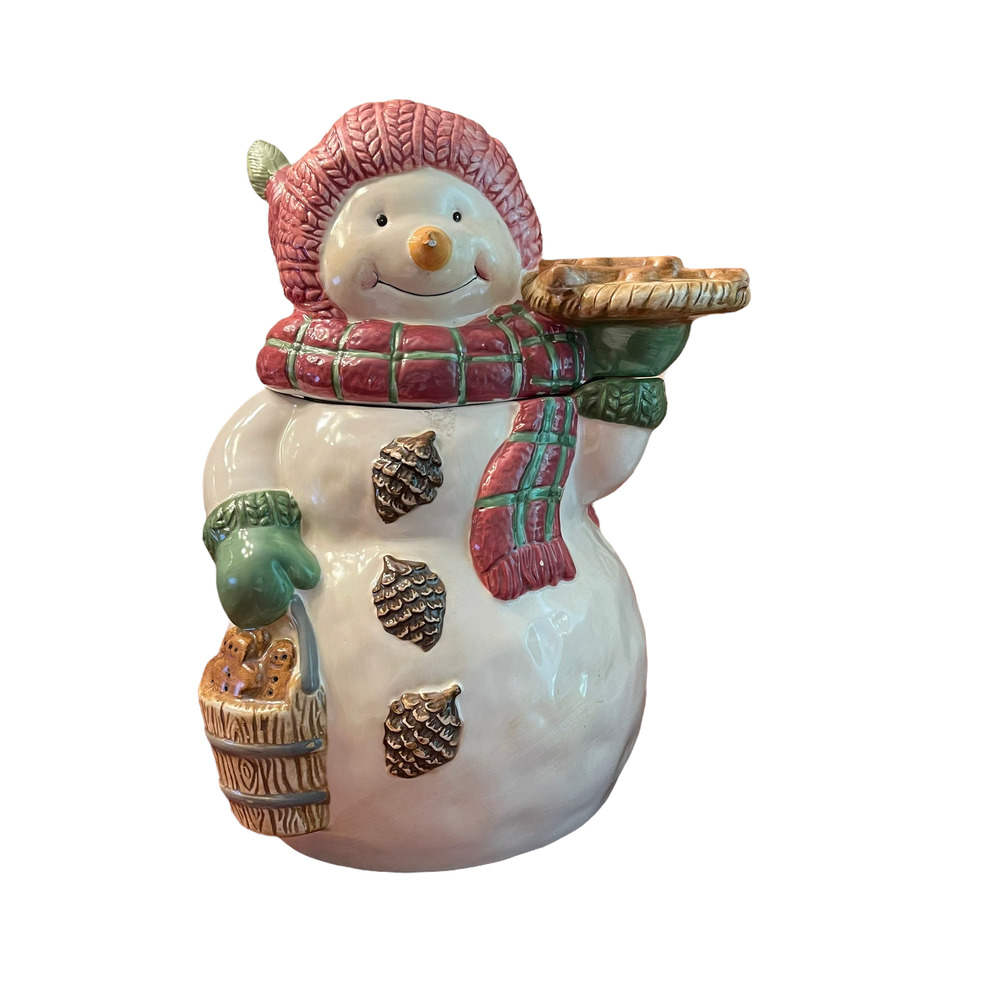 Vintage Bico Snowman Cookie Jar 10.5" Holding Cookies With Mittens, Toby & Scarf